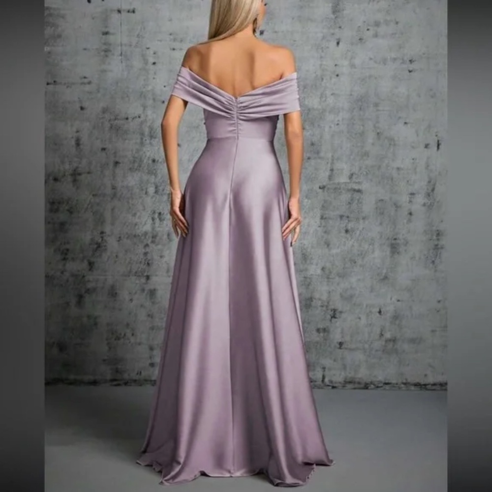 Luxe Satin Off Shoulder Evening Prom Party Formal Wedding Dress - Picture 6 of 16